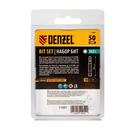 Бита HEX 3х50, сталь S2, шестигранный профиль, 10 шт. Е 6,3 Denzel 11661 купить в Губкинске