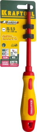 Отвертка KRAFTOOL, высоковольтная, Cr-Mo-V стержень, двухкомпонент. маслобензостойкая рукоятка, SL, 5,5х125мм 250083-5.5-125 купить в Губкинске