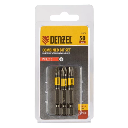 Набор бит комбинированный 3 шт., РН1, РН2, РН3, 50 мм, сталь S2 Denzel 11676 купить в Губкинске