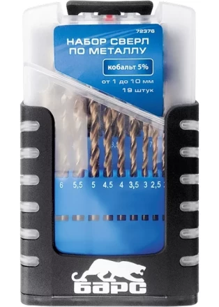 Набор сверл по металлу 1-10 мм через 0,5 мм 19 шт Р6М5 прокат цилиндрический хвостовик БАРС 72372 купить в Губкинске