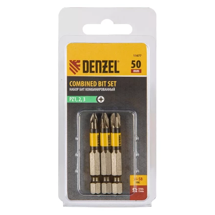 Набор бит комбинированный 3 шт., PZ1, PZ2, PZ3, 50 мм, сталь S2 Denzel 11677 купить в Губкинске