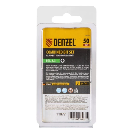 Набор бит комбинированный 3 шт., PZ1, PZ2, PZ3, 50 мм, сталь S2 Denzel 11677 купить в Губкинске