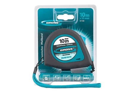 Рулетка &quot;Ergonomisch&quot;,10 м x 25 мм, магнитный обрезиненный зацеп  GROSS 31105 купить в Губкинске