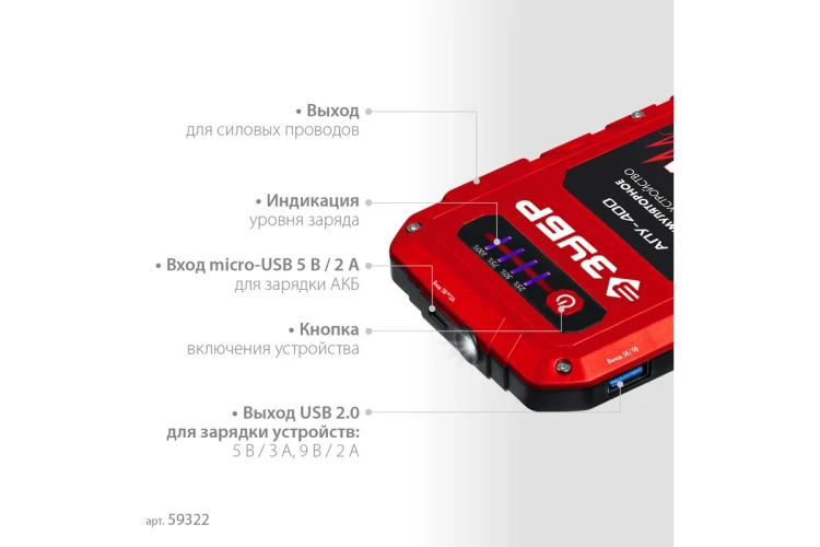 ЗУБР АПУ-400, 12 В, макс. 400 А, аккумуляторное пусковое устройство (59322) купить в Губкинске