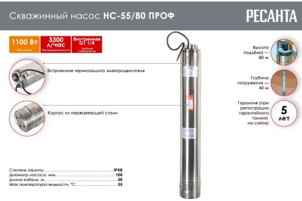 Скважинный насос Ресанта НС-55/80 ПРОФ 77/3/2 купить в Губкинске