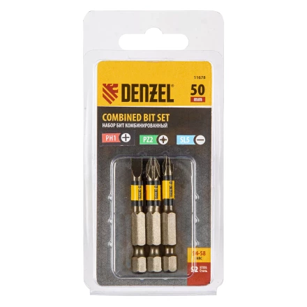 Набор бит комбинированный 3 шт., PH2, PZ2, SL5, 50 мм, сталь S2 Denzel 11678 купить в Губкинске