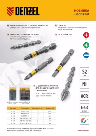 Набор бит комбинированный 3 шт., PH2, PZ2, SL5, 50 мм, сталь S2 Denzel 11678 купить в Губкинске