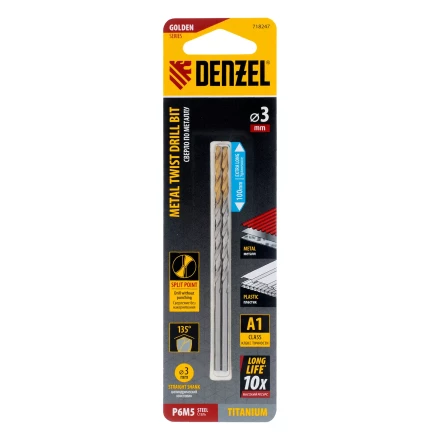 Сверло спиральное по металлу 3 х 100 мм, Р6М5, Golden Tip, удлиненное, 2шт. Denzel 718247 купить в Губкинске
