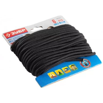 Шнур ЗУБР полиамидный, плетеный, повышенной нагрузки, с сердечником, черный, d 6, 20м 50311-06-020 купить в Губкинске