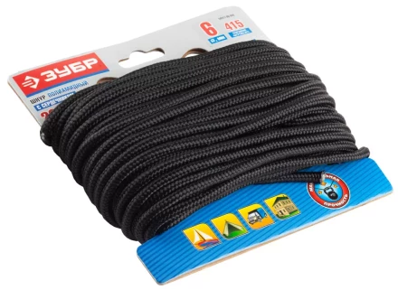 Шнур ЗУБР полиамидный, плетеный, повышенной нагрузки, с сердечником, черный, d 6, 20м 50311-06-020 купить в Губкинске