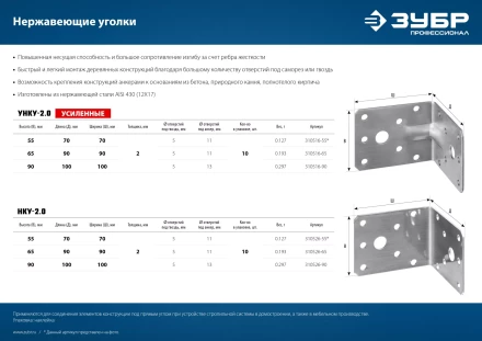 ЗУБР УНКУ-2.0, 65 x 90 x 90 x 2 мм, усиленный нержавеющий крепежный уголок, Профессионал (310516-65) купить в Губкинске