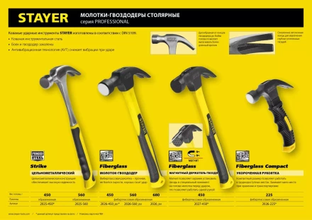 Молоток-гвоздодер STAYER &quot;PROFESSIONAL&quot; цельнометаллический с двухкомпонентной рукояткой, 560г 2025-560 купить в Губкинске