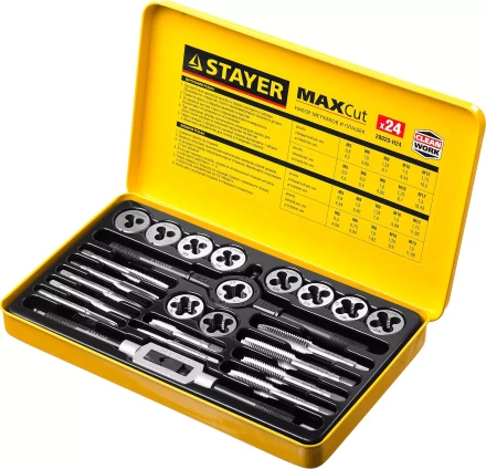 Набор метчиков и плашек STAYER &quot;MASTER&quot;, метчикодержатель 1шт, плашкодержатель 1шт, метчики 11шт, плашки 11шт, 24 предмета 28020-H24 купить в Губкинске