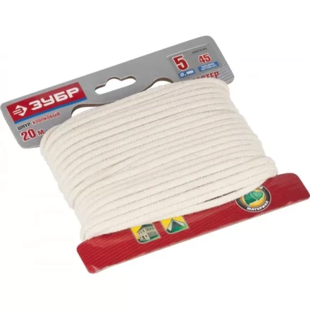 Шнур ЗУБР хлопковый плетеный, натуральный, без сердечника, d=5, 20 м, 45 кгс, 9,5 ктекс 50350-05-020 купить в Губкинске