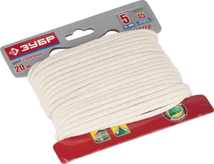 Шнур ЗУБР хлопковый плетеный, натуральный, без сердечника, d=5, 20 м, 45 кгс, 9,5 ктекс 50350-05-020 купить в Губкинске