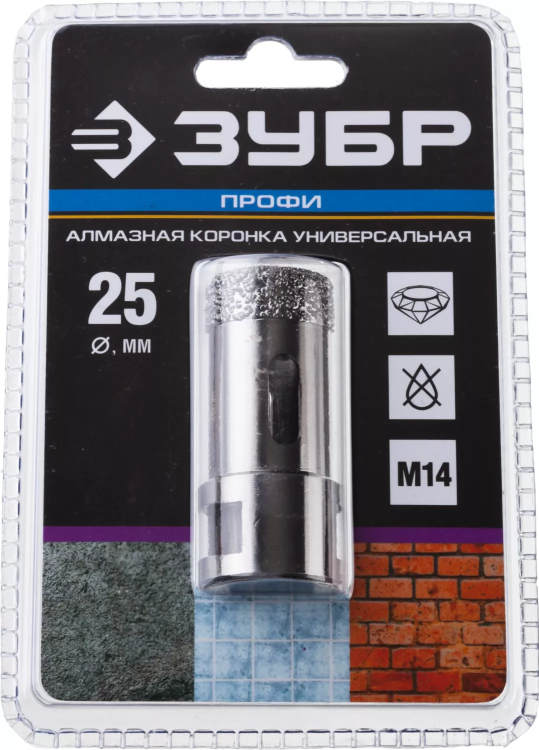 Алмазная коронка ЗУБР "ПРОФЕССИОНАЛ" универсальная для УШМ, сухое сверление, алмазы на вакуумной пайке,  посадка М14, d=25мм 29865-25 купить в Губкинске