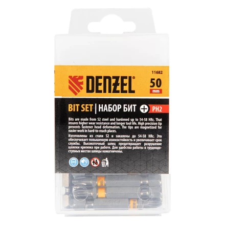 Бита PH2х50, сталь легированная S2, 30 шт., шестигранный профиль, пластиковая коробка, Е 6,3 Denzel 11682 купить в Губкинске