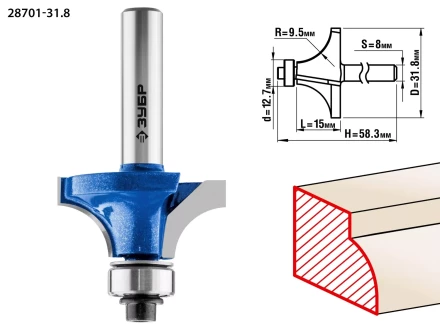 ЗУБР 31.8 x 15 мм, радиус 9.5 мм, фреза кромочная калевочная №1, Профессионал (28701-31.8) купить в Губкинске