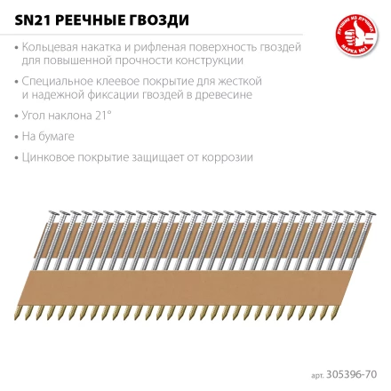 ЗУБР SN21 70 х 3.1 мм, реечные гвозди рифленые оцинкованные, 2400 шт (305396-70) купить в Губкинске