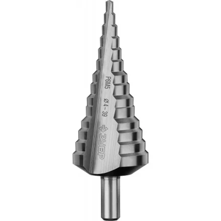 Сверло ЗУБР ступенчатое по сталям и цвет.мет.ст.Р6М5,d4- 39мм,14ступ.d4-39,L -113 мм, трехгран.хв. 10мм 29670-4-39-14 купить в Губкинске