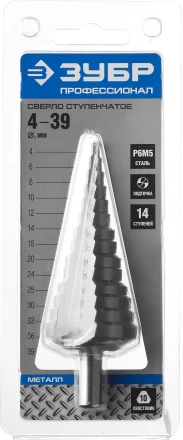 Сверло ЗУБР ступенчатое по сталям и цвет.мет.ст.Р6М5,d4- 39мм,14ступ.d4-39,L -113 мм, трехгран.хв. 10мм 29670-4-39-14 купить в Губкинске