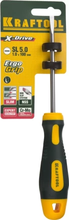 Отвертка KRAFTOOL, Cr-Mo-V сталь, двухкомпонентная противоскользящая рукоятка, SL, 5,0x100мм 250071-5.5-100 купить в Губкинске
