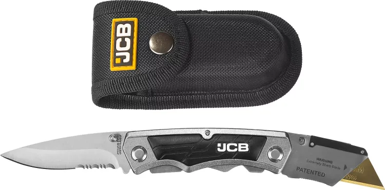 Нож JCB складной многофункц, трапец лезвие, тип "А24", перочин лезвие с серрейтор заточкой, мет корпус, чехол, 5 лезвий JLC003 купить в Губкинске