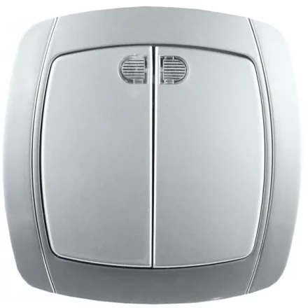 Выключатель СВЕТОЗАР &quot;АКЦЕНТ&quot; двухклавишный в сборе, с подсветкой, цвет серебристый металлик, 10А/~250В SV-54235-SM купить в Губкинске