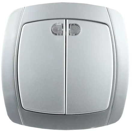 Выключатель СВЕТОЗАР &quot;АКЦЕНТ&quot; двухклавишный в сборе, с подсветкой, цвет серебристый металлик, 10А/~250В SV-54235-SM купить в Губкинске