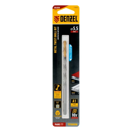 Сверло спиральное по металлу Denzel 5,5 х 139 мм, Р6М5, Golden Tip, удлиненное, 718255 купить в Губкинске