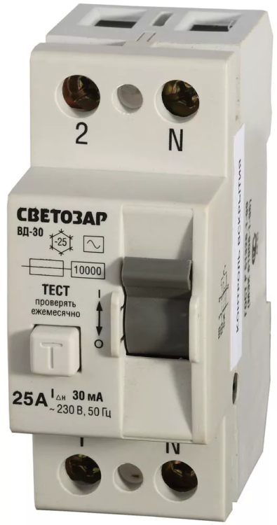 Выключатель дифференциальный "УЗО" СВЕТОЗАР, 2-полюсный, 25 A, "AC", откл. диф.ток. 30 мА, 230 В SV-49152-30-25 купить в Губкинске