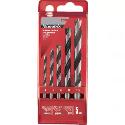 Набор сверл по дереву 4-5-6-8-10мм  цилиндрический хвостовик пластиковый кейс MATRIX 70281 купить в Губкинске