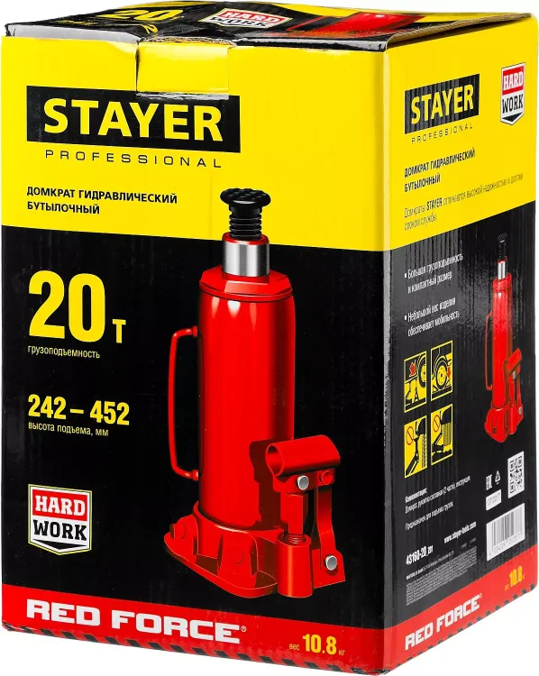 Домкрат гидравлический бутылочный "RED FORCE", 20т, 242-452 мм, STAYER 43160-20 43160-20_z01 купить в Губкинске