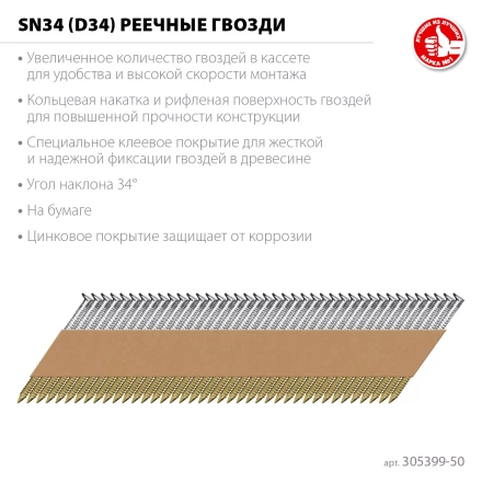 ЗУБР SN34 (D34) 50 х 2.8 мм, реечные гвозди рифленые оцинкованные, 5000 шт (305399-50) купить в Губкинске