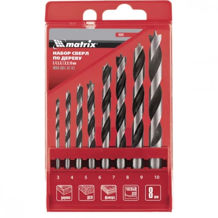Набор сверл по дереву   3-4-5-6-7-8-9-10мм цилиндрический  хвостовик  пластиковый кейс MATRIX 70282 купить в Губкинске