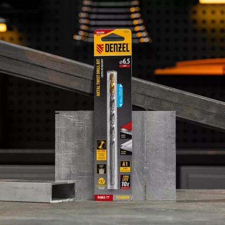 Сверло спиральное по металлу Denzel 6,5 х 148 мм, Р6М5, Golden Tip, удлиненное, 718257 купить в Губкинске