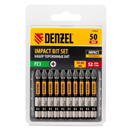 Бита IMPACT, PZ3x50 мм, лазерная обработка шлица, сталь S2, 10 шт., Е 6,3 Denzel 11693 купить в Губкинске