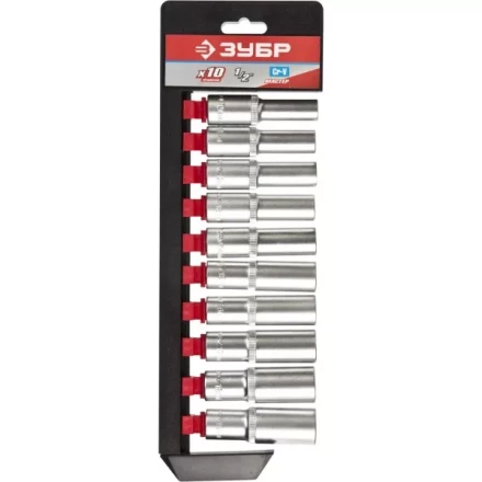 Набор ЗУБР &quot;МАСТЕР&quot;: Торцовые головки (1/2&quot;) удлиненные на пластиковом рельсе, Cr-V, 10-19мм, 10 предметов 27653-H10 купить в Губкинске
