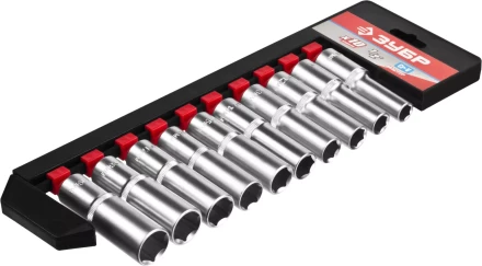 Набор ЗУБР &quot;МАСТЕР&quot;: Торцовые головки (1/2&quot;) удлиненные на пластиковом рельсе, Cr-V, 10-19мм, 10 предметов 27653-H10 купить в Губкинске