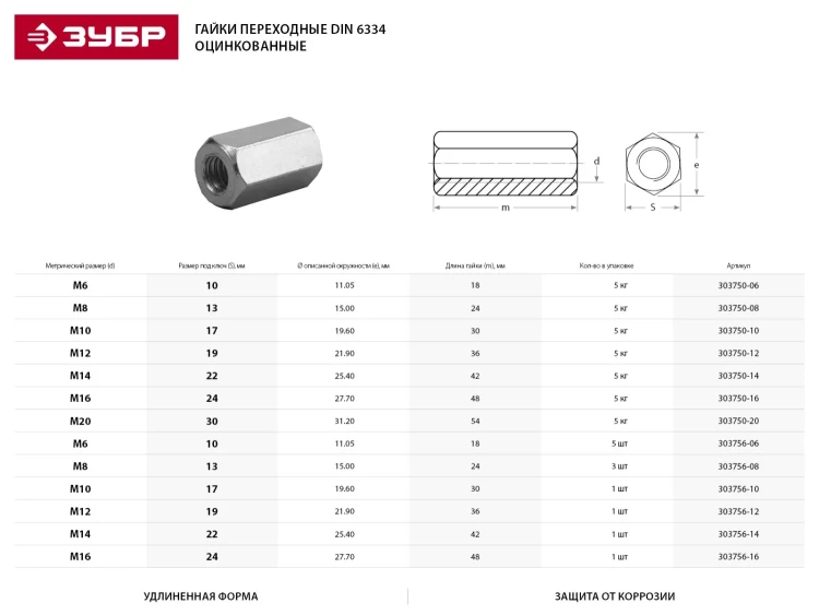 Гайка ЗУБР "МАСТЕР" переходная, DIN 6334, оцинкованная, M10, 5кг 303750-10 купить в Губкинске