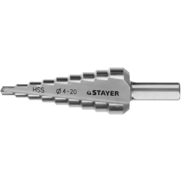 Сверло STAYER "MASTER" ступенчатое по сталям и цвет.мет., сталь HSS, d=4-20мм, 9ступ.d 4-20, L-75 мм,трехгран. хвост. 8мм 29660-4-20-9 купить в Губкинске