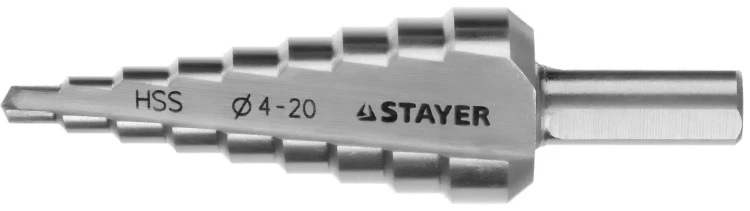 Сверло STAYER "MASTER" ступенчатое по сталям и цвет.мет., сталь HSS, d=4-20мм, 9ступ.d 4-20, L-75 мм,трехгран. хвост. 8мм 29660-4-20-9 купить в Губкинске