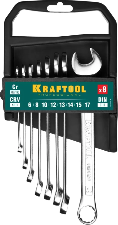 Наборы ключей комбинированных KRAFTOOL, Cr-V, DIN 3110, на пластиковой подвеске 27079-H8C купить в Губкинске