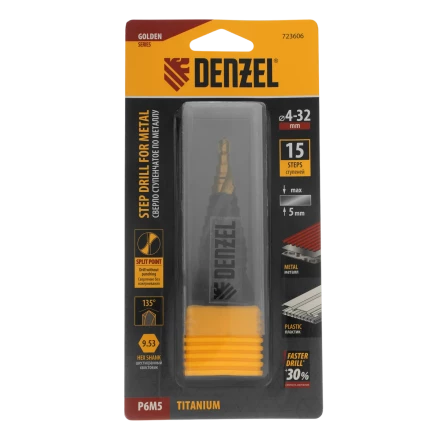 Сверло ступенчатое Denzel 723606, 4-6-8-10-12-14-16-18-20-22-24-26-28-30-32 мм, Р6М5, 6-гр. хвостовик купить в Губкинске
