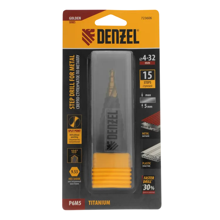 Сверло ступенчатое Denzel 723606, 4-6-8-10-12-14-16-18-20-22-24-26-28-30-32 мм, Р6М5, 6-гр. хвостовик купить в Губкинске