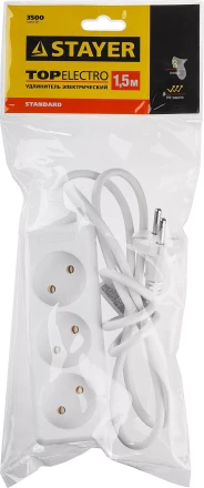 Удлинитель &quot;TOPELECTRO&quot; электрический, ПВС 2х1мм2, 3 гнезда, 3500 Вт, 1.5м, STAYER 55030-1.5 купить в Губкинске