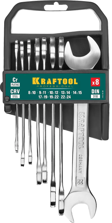Наборы ключей гаечных рожковых KRAFTOOL, Cr-V, DIN 3110, на пластиковой подвеске 27033-H8C купить в Губкинске