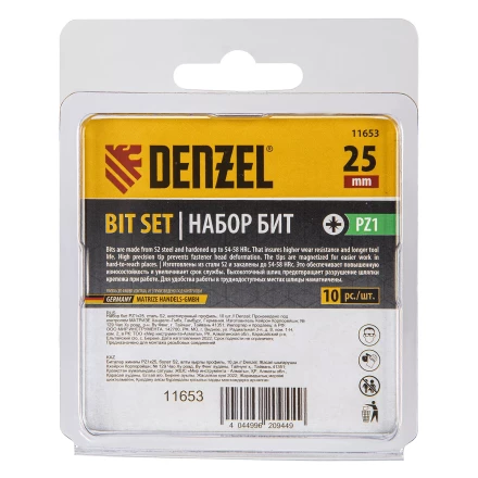Бита PZ1х25, сталь S2, шестигранный профиль, 10 шт. Е 6,3 Denzel 11653 купить в Губкинске