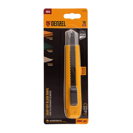 Нож Denzel, 18 мм, сменное лезвие, SK4, метал. направляющая, клипса, нажимной фиксатор, 78940 купить в Губкинске
