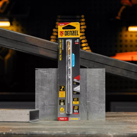 Сверло спиральное по металлу Denzel, 8 х 165 мм, Р6М5, Golden Tip, удлиненное, 718260 купить в Губкинске